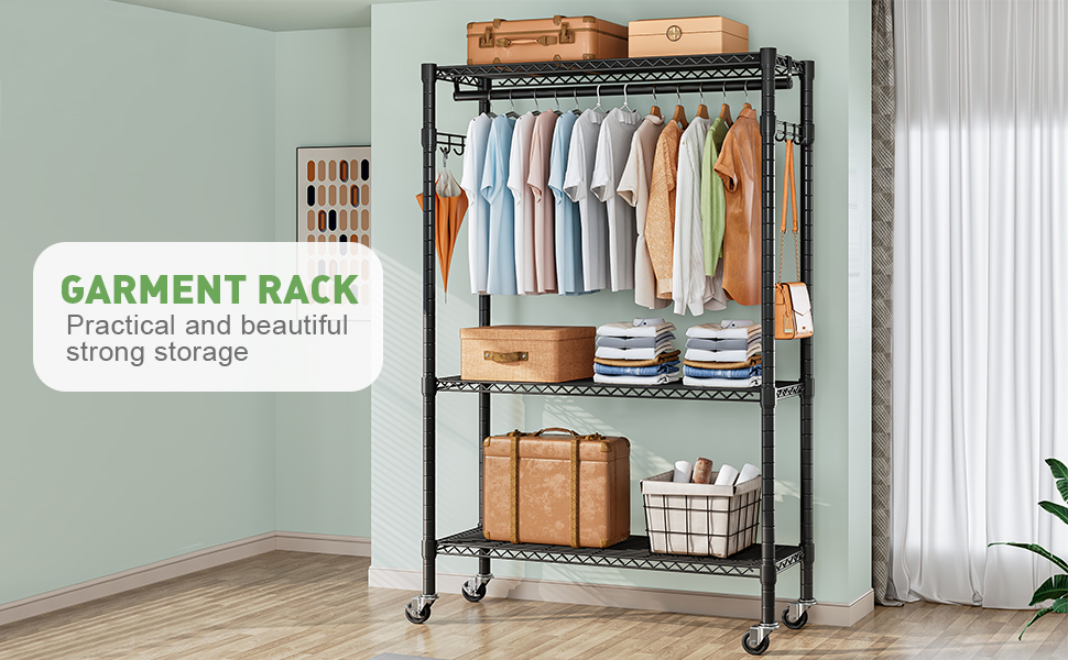 Вішалка для одягу на коліщатках металева з полицею та гачками, чорна 120x45x205 см