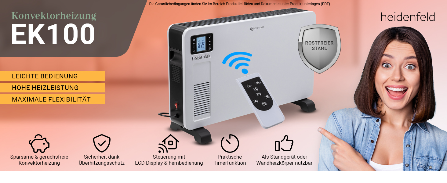 Електричний конвектор Heidenfeld EK100 | 3 роки гарантії, 2300 Вт, з пультом керування, для опалення до 40 м²