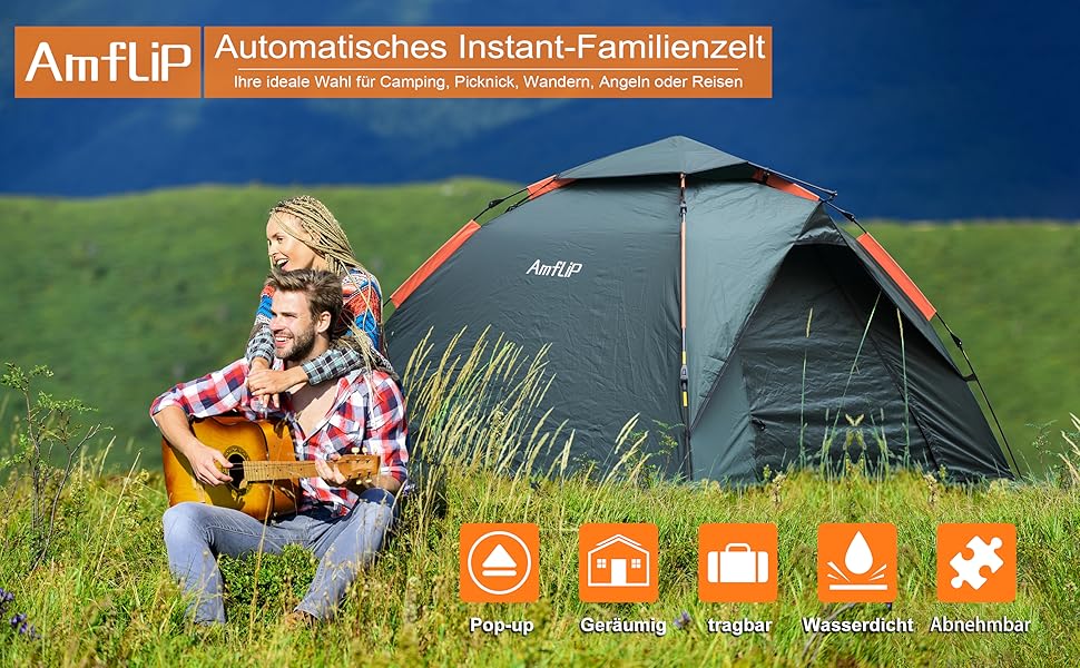 Намет Amflip автоматичний для кемпінгу, купольний Pop Up, 2-місний, водонепроникний та вітростійкий, для 4 сезонів, знімний зовнішній тент, для сімейного відпочинку