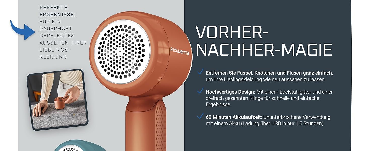 Rowenta Easy Care: Бездротовий видалення ворсу з нержавіючою сіткою, 60 хвилин роботи, теракотовий колір, JA8001E0