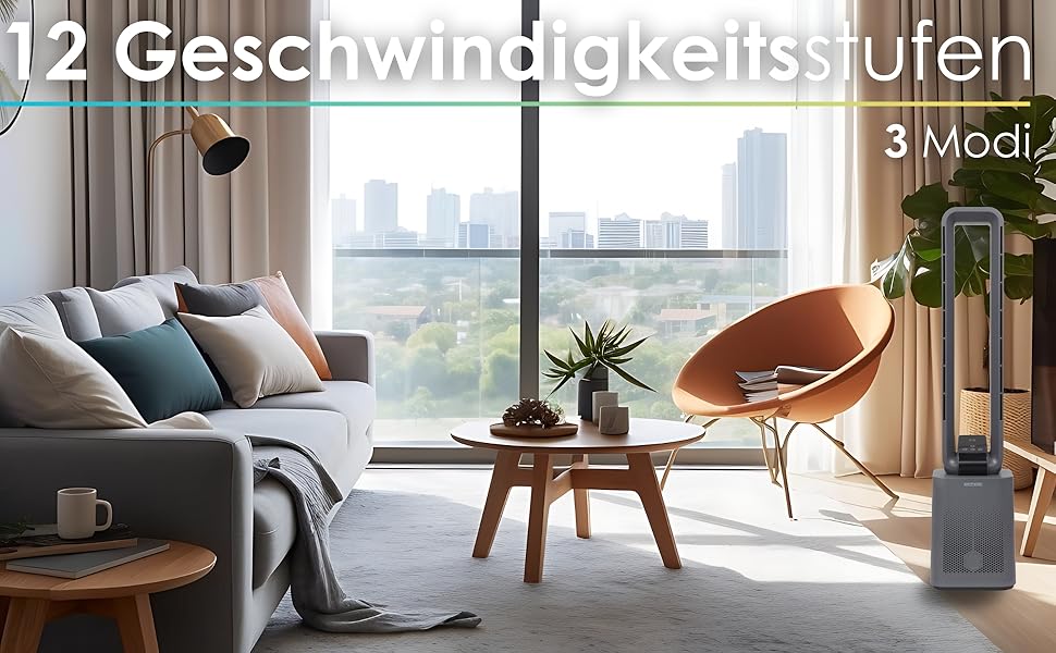 Турбовентилятор Echos Golo Grey: тихий, з пультом, осциляція, LED-дисплей, 3 режими, 12 швидкостей, таймер 15h