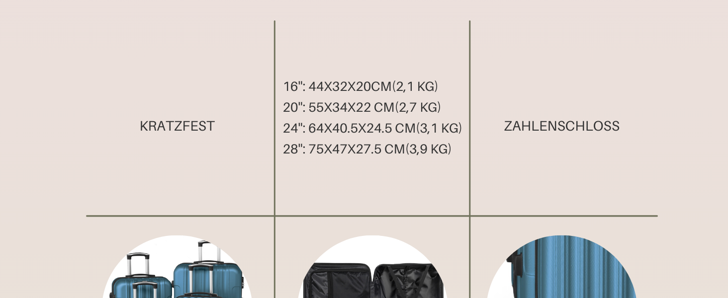 Набір валіз LALAHO 3/4/5 шт. з косметичками, ABS, для подорожей, ручна поклажа (Marineblau-4)