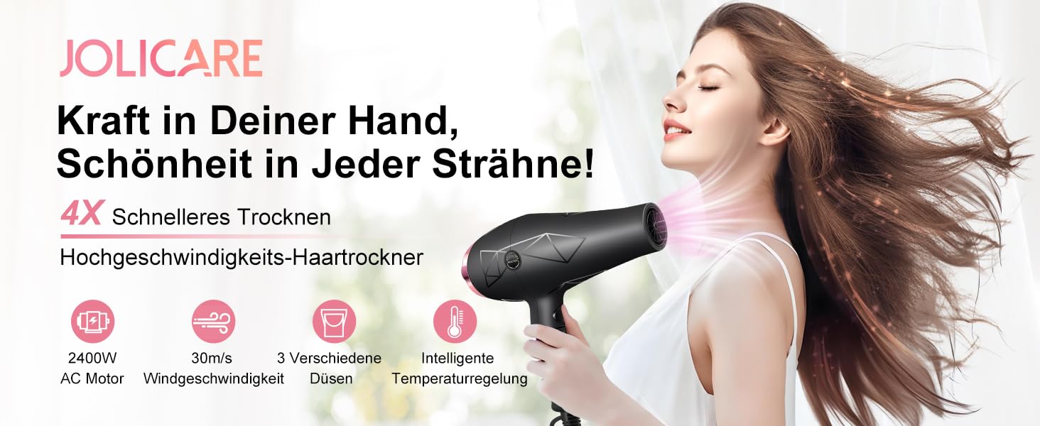 Фен Jolicare з іонізацією та насадкою-дифузором, 2400W, блакове світло, професійний для локонів, салонний, з 1 дифузором та 2 концентраторами, 3 температурні режими, 2 швидкості (Чорний)