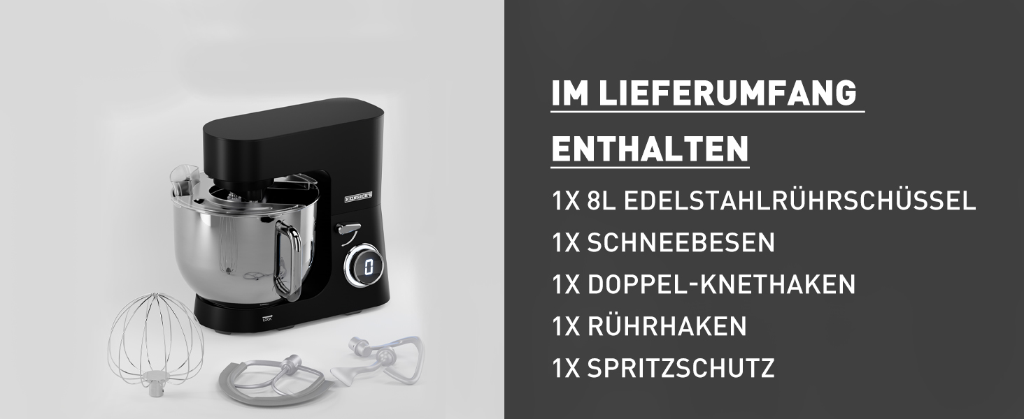 Кухонна машина Heinrichs 2500W з подвійним гаком для тіста, міксером та вінчиком, 8 швидкостей, чаша 8L з нержавіючої сталі, чорна