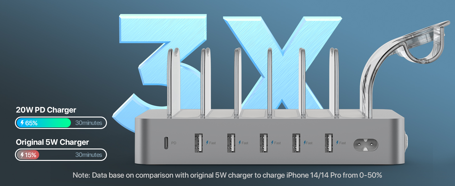Зарядна станція SooPii USB 60W/12A з 6 портами, органайзер для декількох пристроїв з тримачем для Apple Watch, 6 кабелів в комплекті (срібло)