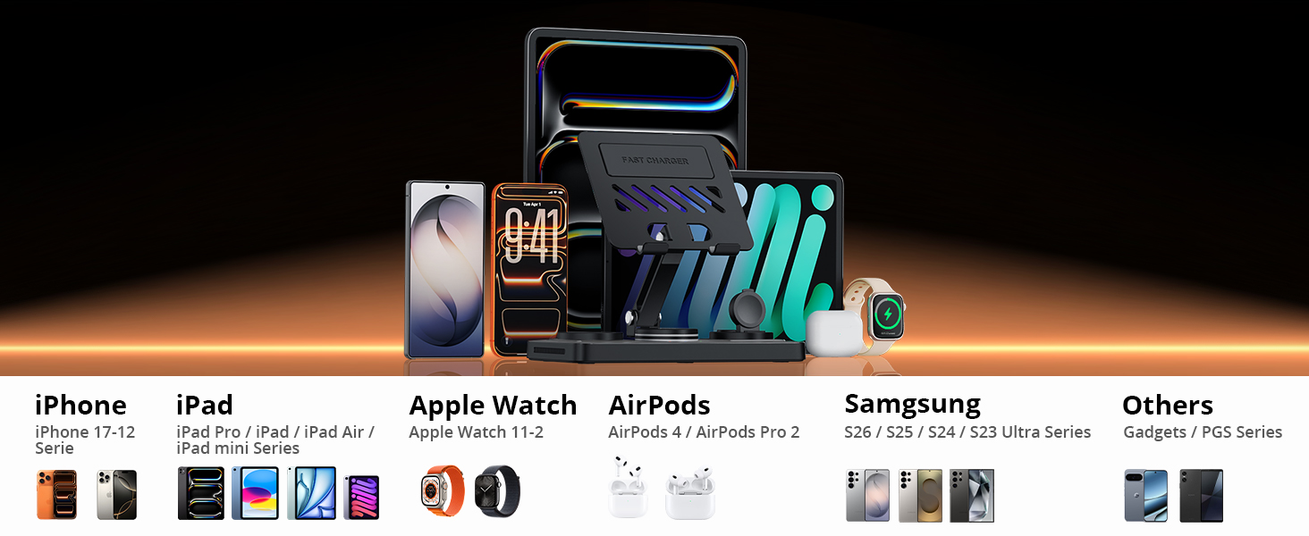 Зарядна станція GEEKERA 4-в-1 для Apple: магнітне індуктивне зарядне для iPhone, iPad, Apple Watch та AirPods, вбудований кабель, металевий чорний