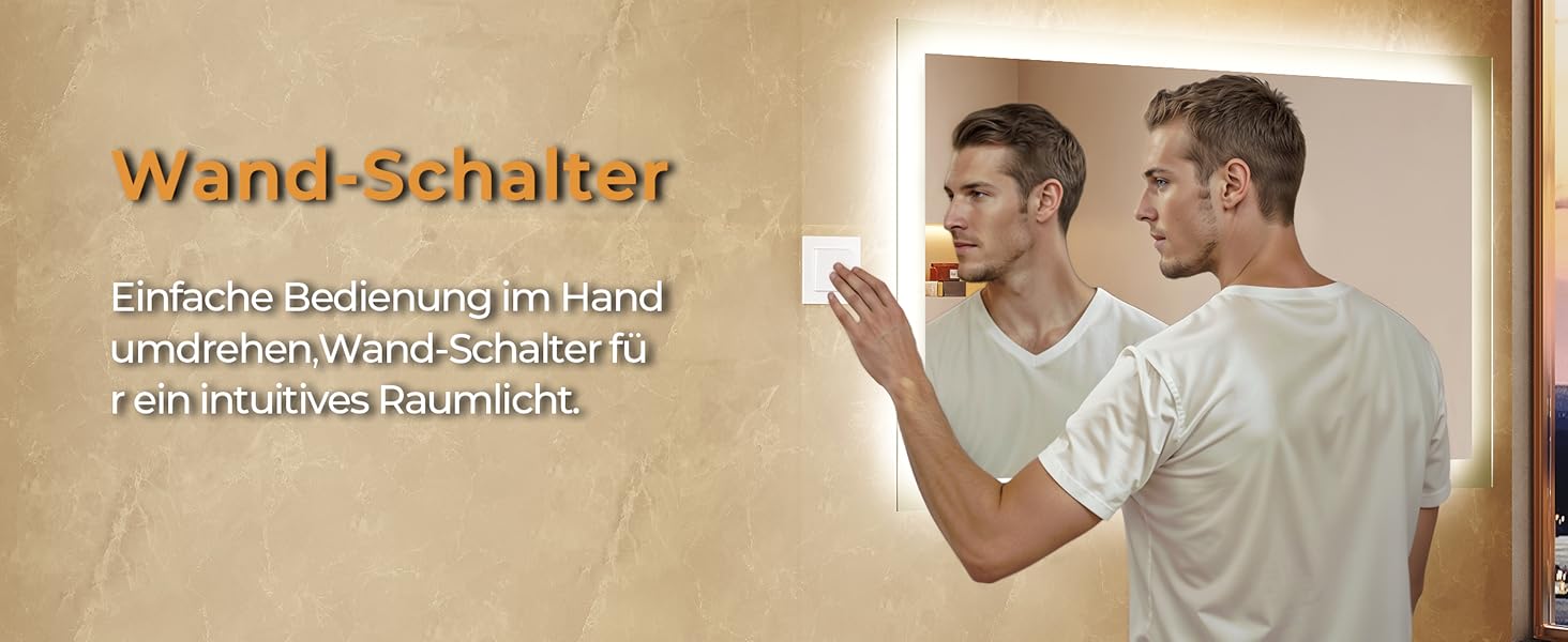 Дзеркало для ванної кімнати з підсвічуванням 60x50x3,5 см, LED, 6400K, холодний білий, економія енергії, вертикальне/горизонтальне кріплення, вимикач на стіні, матові краї