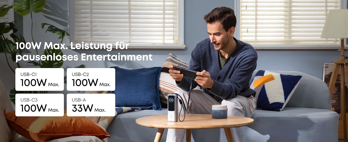 Powerbank Anker 25000mAh 165W з USB-C, 3 порти USB-C (100W), вбудований кабель, для iPhone, MacBook, Samsung та інших пристроїв (Чорний)