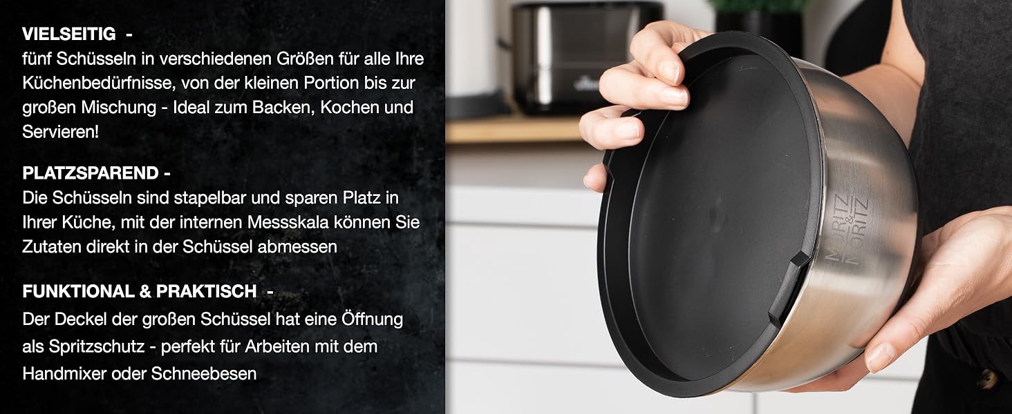 Миска для перемішування Moritz & Moritz 5er з кришкою - 0,6-4,5л - нержавіюча сталь з антиковзними ніжками без BPA - Складається, саладова миска з кришкою та 3 тертки - придатна для миття в посудомийній машині
