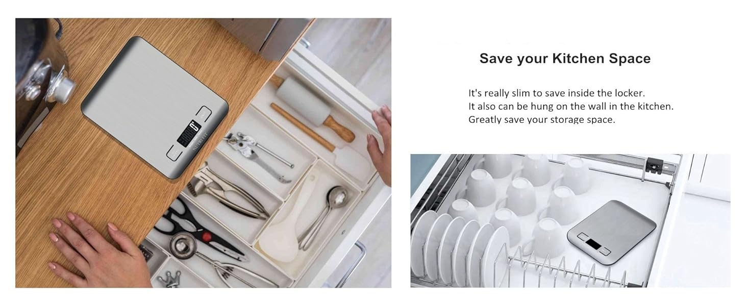 Кухонні ваги Nutri Fit: цифрова вага з нержавіючої сталі, ультраплоска, LCD-дисплей, 5 кг, 4 одиниці вимірювання