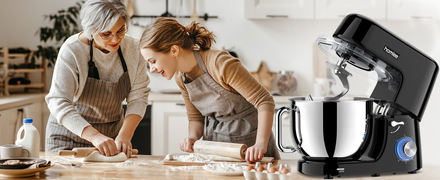 Кухонна машина-міксер 1800W з чашею 7.2L з нержавіючої сталі, 6 швидкостей, низький шум, мультифункціональна (міксер, гак для тіста, вінчик), з кришкою, чорний