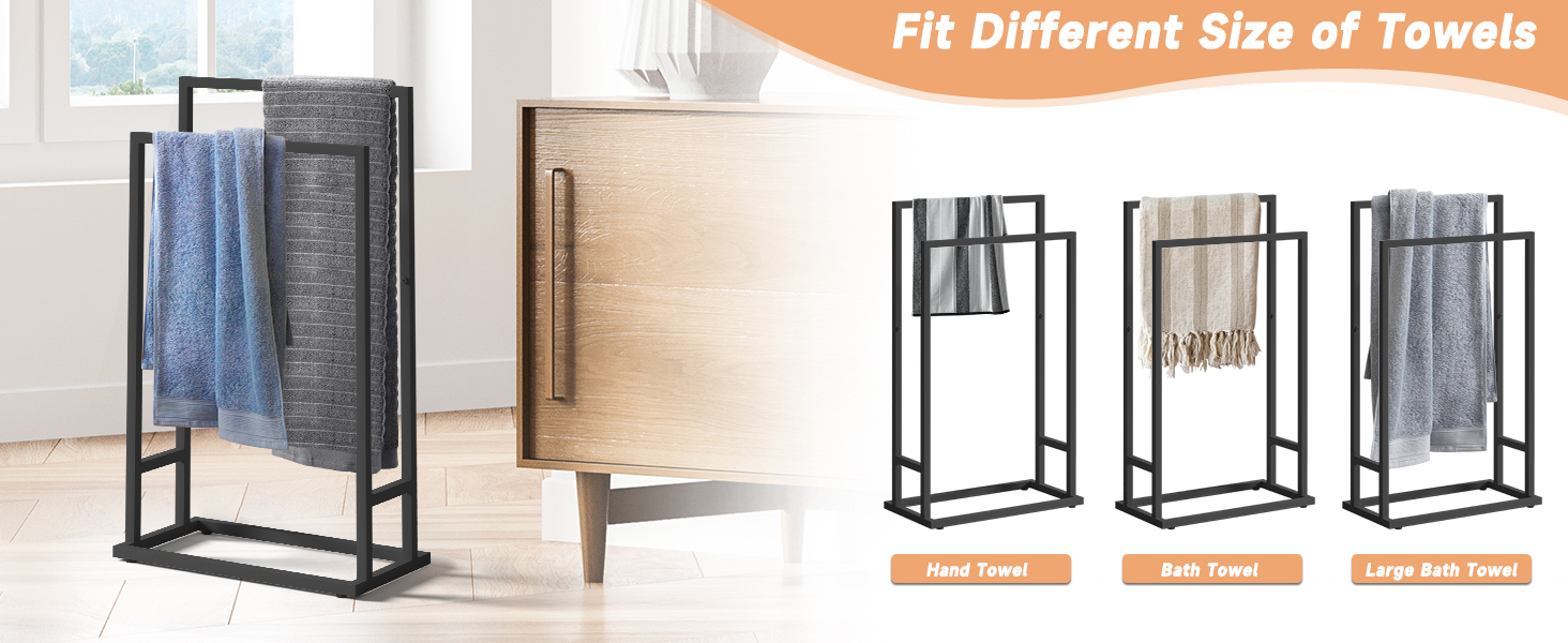 Підставка для рушників на підлозі, металева, з 2 перекладинами, чорна, для ванної кімнати, стабільна, економна