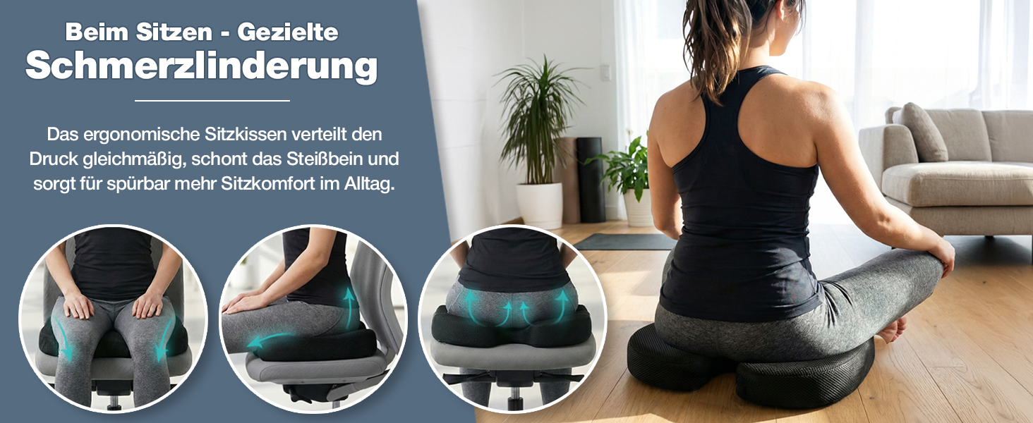Ортопедична подушка для сидіння Steißbein з Memory Foam, 3 ступені жорсткості. Для офісного крісла, авто, дому. Розвантаження при тривалому сидінні. Чорний, 60-90 кг.