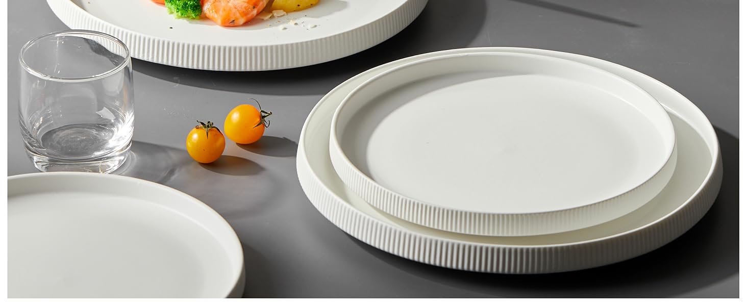 Набір посуду Jiwoo для 4 осіб (12 предметів): тарілки, супові миски, десертні тарілки - Bone China, сучасний дизайн, безпечно мити в посудомийній машині та використовувати в мікрохвильовці