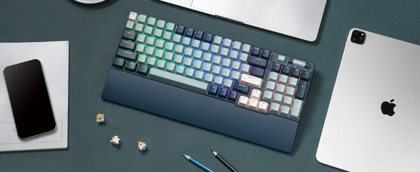 Механічна клавіатура RK ROYAL KLUDGE RK96 RGB Limited Ed: 96 клавіш, 90% layout, Bluetooth 5.0/2.4G/USB-C, Hot-Swap, RGB підсвітка, RK Yellow Switch, Wald Blau, QWERTY