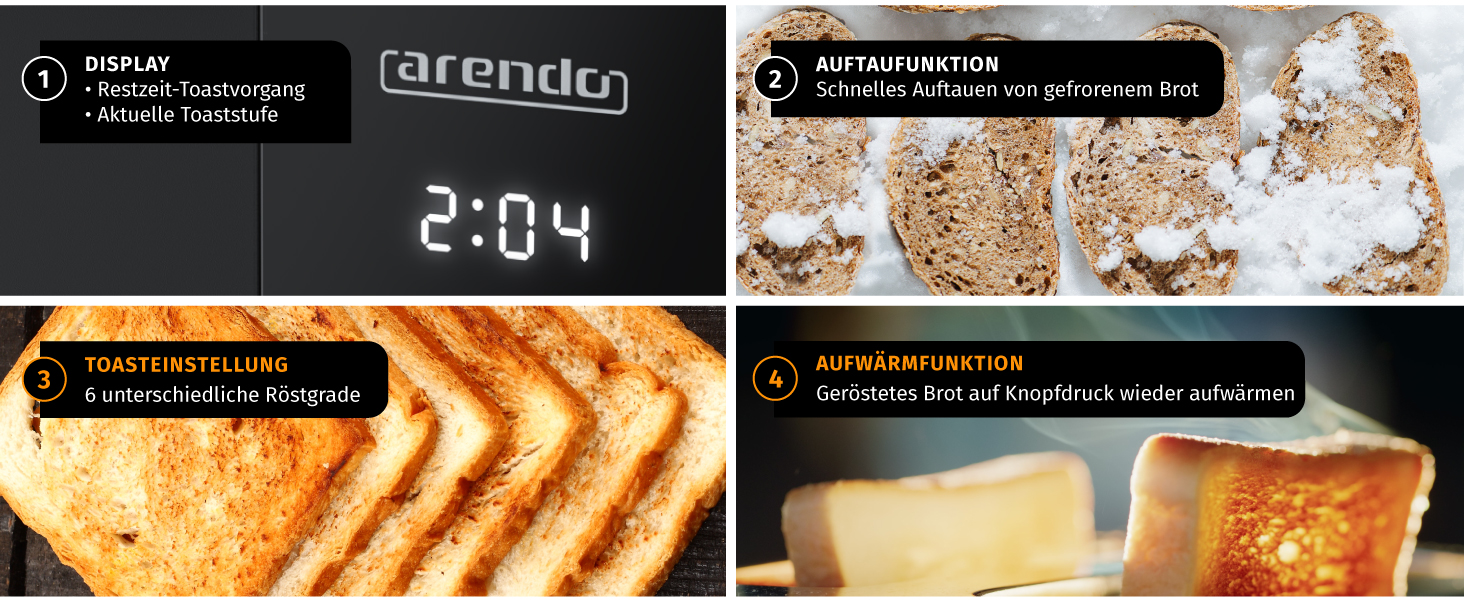 Тостер Arendo з нержавіючої сталі, 4-х секційний, з широкими слотами, сенсорний дисплей, подвійні стінки, 1500 Вт, з підставою для булочок, 6 рівнів підсмажування, центрування хліба, таймер, пам'ять (колір: чорний)