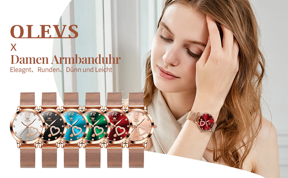 Годинник жіночий OLEVS Roségold: стильні годинники з нержавіючої сталі з мережевим ремінцем, ультратонкі, з діамантовим сердечком, водостійкі, рожеве золото