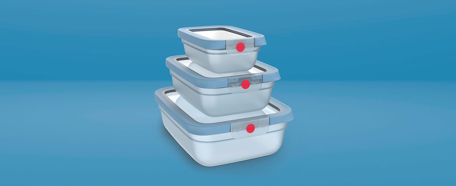 Контейнери Emsa oneClick для зберігання продуктів, набір 5 шт (0.5л, 1.2л, 2.3л), блакитні. Герметичні, для морозилки, мікрохвильовки, посудомийки. Зроблено в Німеччині.