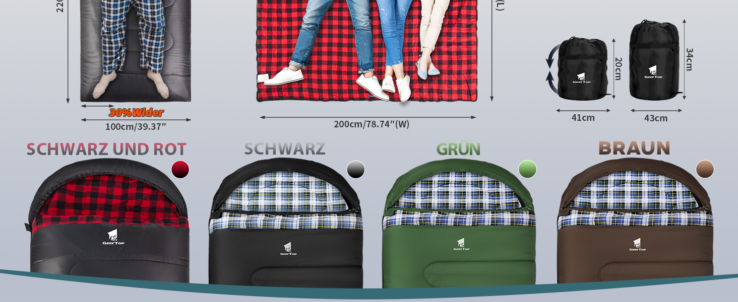 Сплячий мішок GEERTOP XXL для 4 сезонів, фланелевий, 220x100 см, для дорослих, кемпінг, подорожі, піші прогулянки (чорний з червоною клітинкою)
