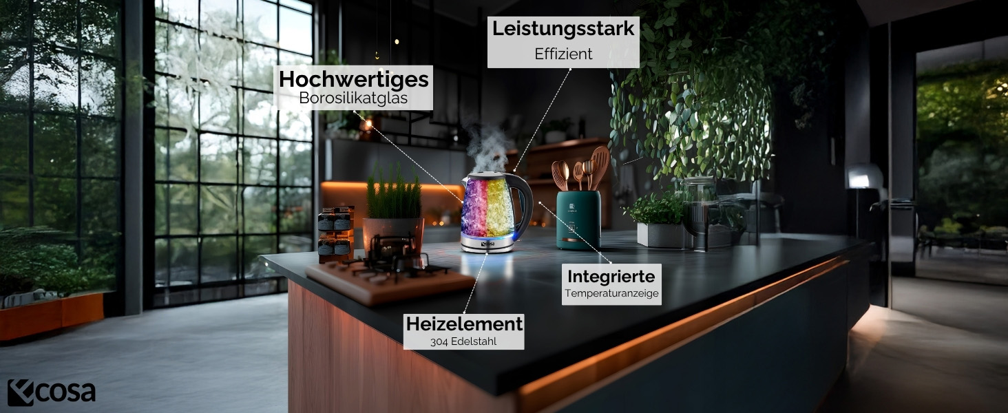 Електричний чайник Ecosa® зі скляною колбою та нержавіючою сталлю, 1,8 л, 2200 Вт, регулювання температури 40°C-100°C, з підігрівом, LED-підсвічуванням, BPA Free