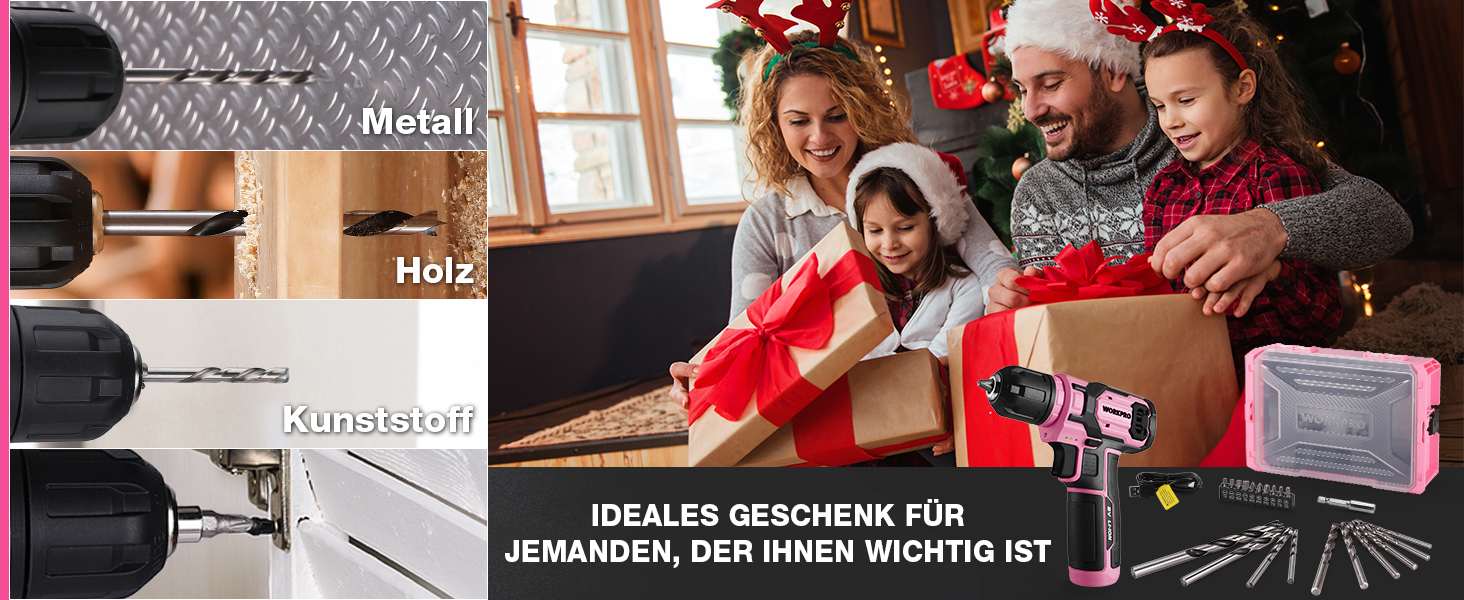 WORKPRO 8V акумуляторний дриль-шуруповерт, комплект з кейсом, 2000 mAh, 10 мм патрон, 12 Н·м, LED-ліхтик, 21 шт. аксесуарів, для ремонту та DIY, сірий & зелений (рожевий & чорний)