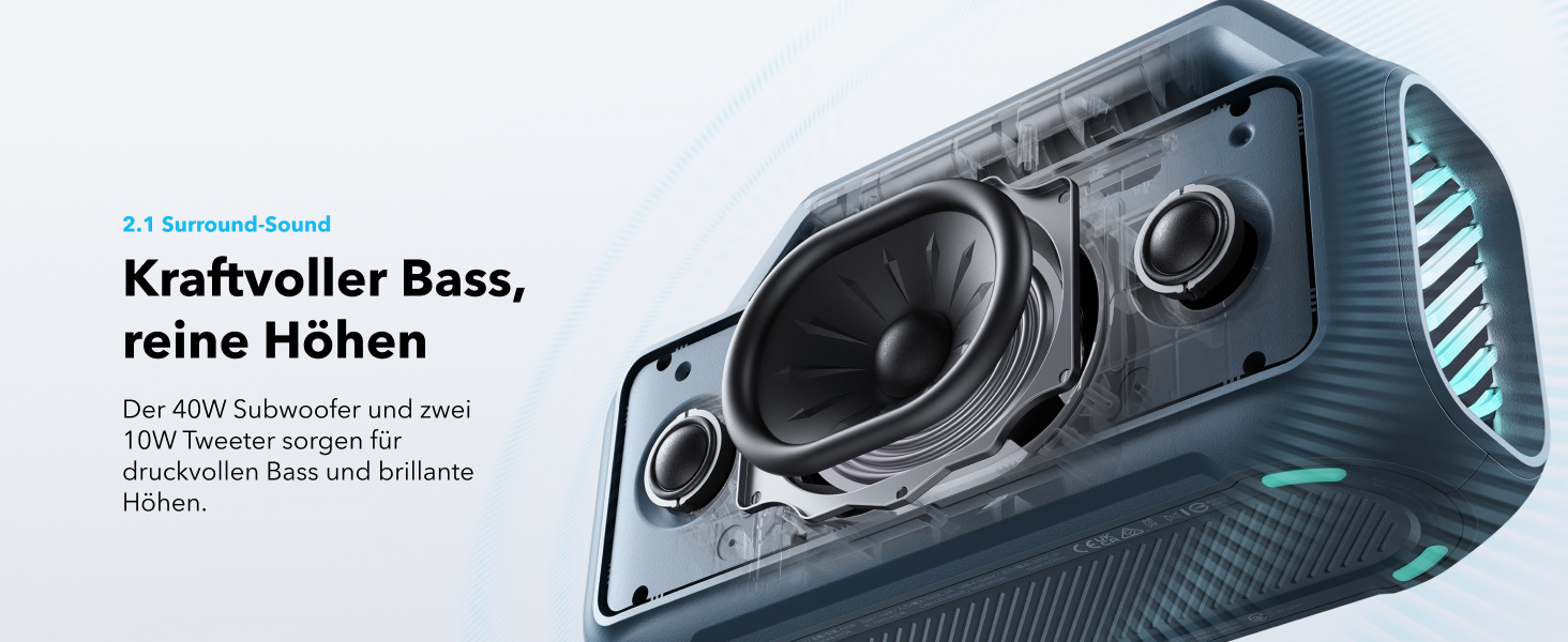 Soundcore Boom 2 - портативна Bluetooth колонка, 80W, сабвуфер, LED-підсвічування, IPX7, 24h, USB-C, BT 5.3, для кемпінгу, пляжу, саду (блакитна)