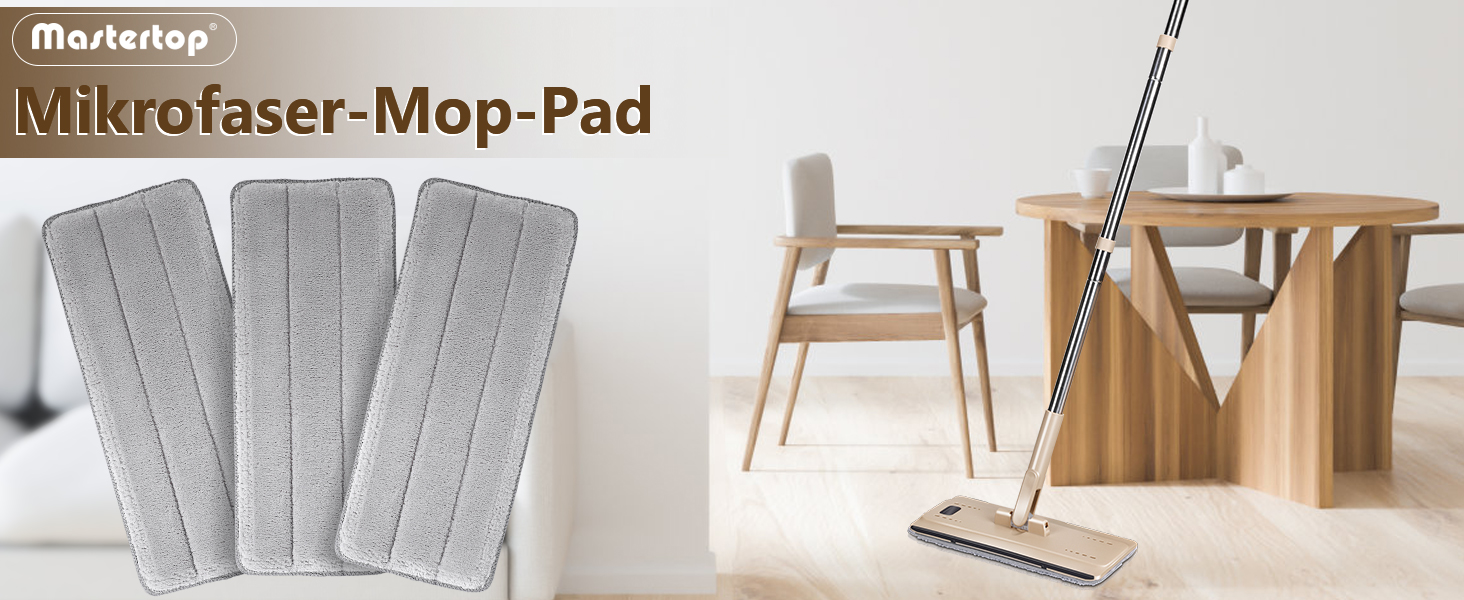 Набір для миття підлоги MASTERTOP з відром, моп з нержавіючою ручкою та 3 насадками, набір відра та мопа 2 в 1, плоский моп з функцією віджиму для ламінату, плитки (бежевий), комплект змінних насадок (3 шт.)