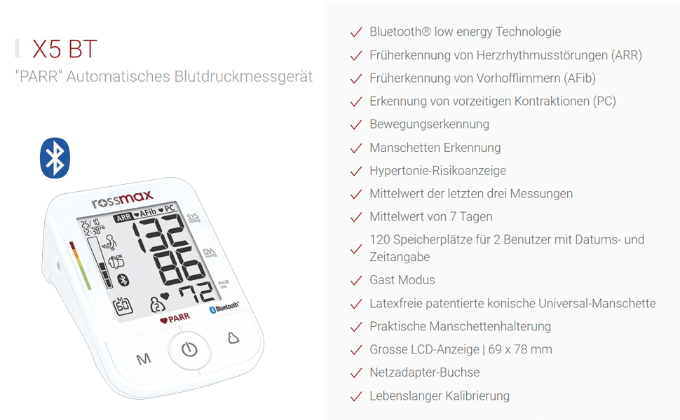 Тонометр ROSSMAX X5 BT з Bluetooth – вимірювання на плечі, автоматичний, клінічно перевірений. Виявлення AFib та PC, LCD-дисплей.