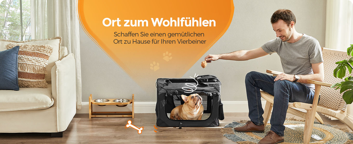 Клітка для собак Feandrea, переноска для собак, чорна, 60 x 42 x 42 см, з ручками та кишенями