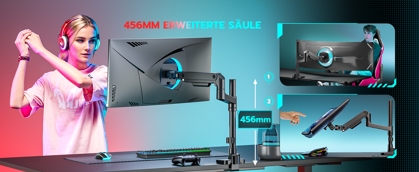 Кронштейн для монітора ARES WING з газліфтом для екранів 17-49 дюймів, навантаження до 20 кг, VESA 75/100, чорний