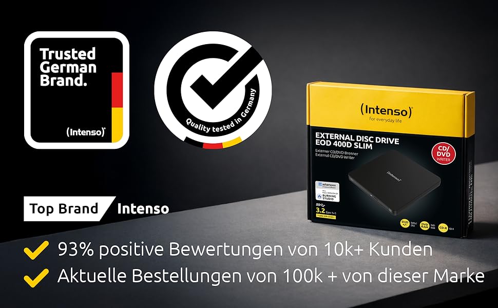 Зовнішній CD/DVD привід-записувач Intenso EOD 400D Slim, USB 3.2 (USB-C та USB-A), для ноутбуків та ПК, Windows та MacOS, чорний