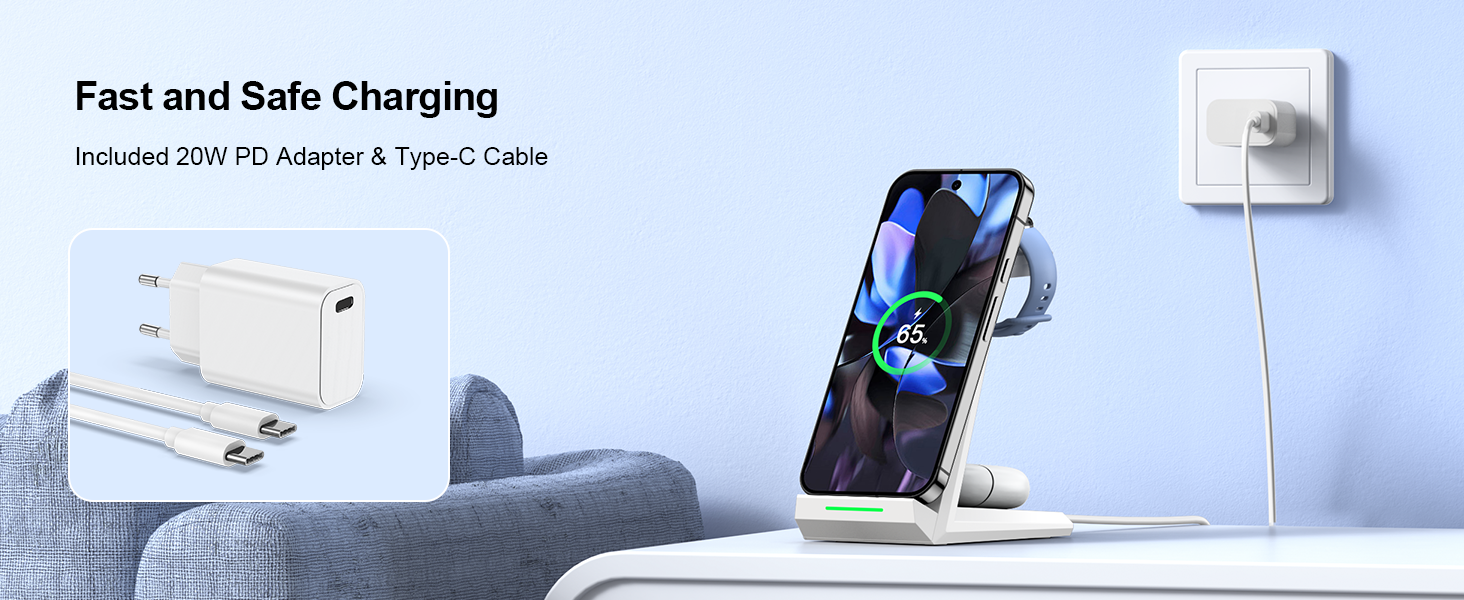 Бездротова зарядка NANAMI 3-в-1 для Google Pixel Watch 3/2, Fitbit Versa 4/3, Pixel 10 Pro/10/9/9a/8/7, Pixel Buds Pro 2 (Класичний Білий)