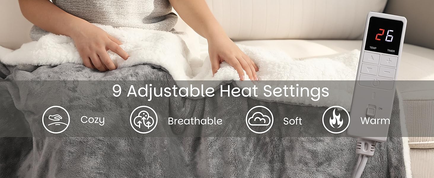 Електрична ковдра з автовимкненням 130x180 см, 9 режимів нагріву, таймер 9 годин, захист від перегріву, м'яка та приємна до тіла, для дому та офісу, чорна