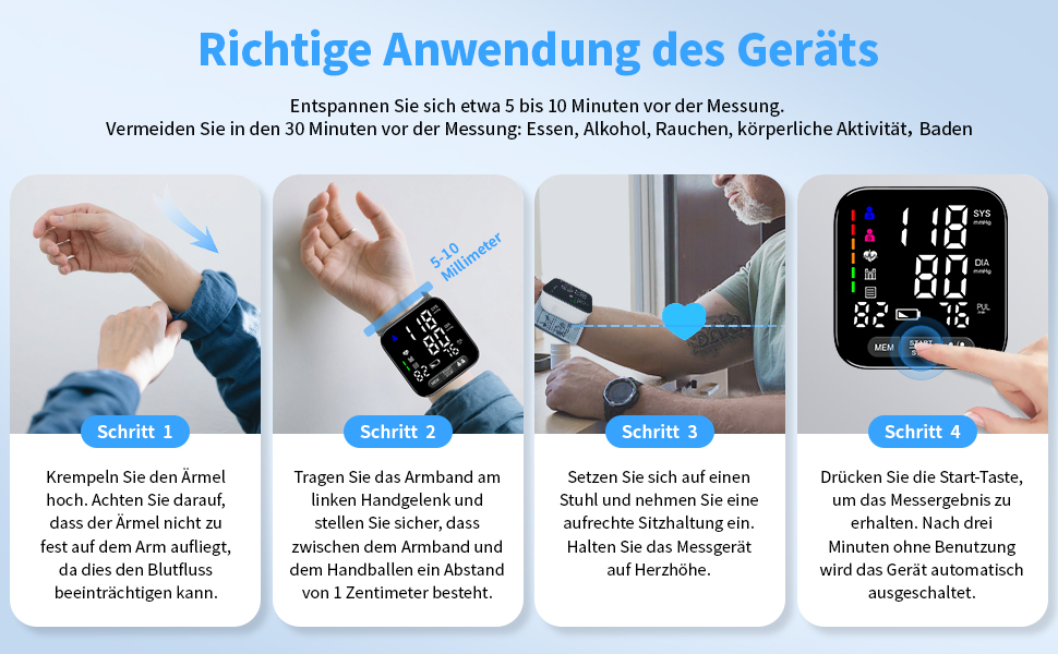 Тонометр на зап'ясті з визначенням аритмії, автоматичний, прецизійний вимір артеріального тиску та пульсу, кольоровий індикатор ризику, 2×99 місць пам'яті, для зап'ясть 13,5-21,5 см