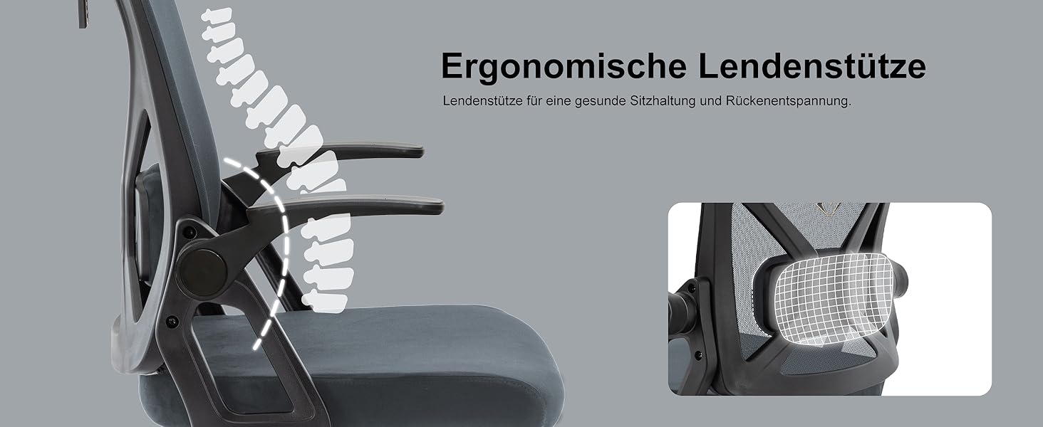 Ергономічне крісло для офісу Symino з регульованою підголівником, підлокітниками та підтримкою попереку, поворотне, з функцією гойдання, сітчасте, для спини, 150 кг (Сірий)