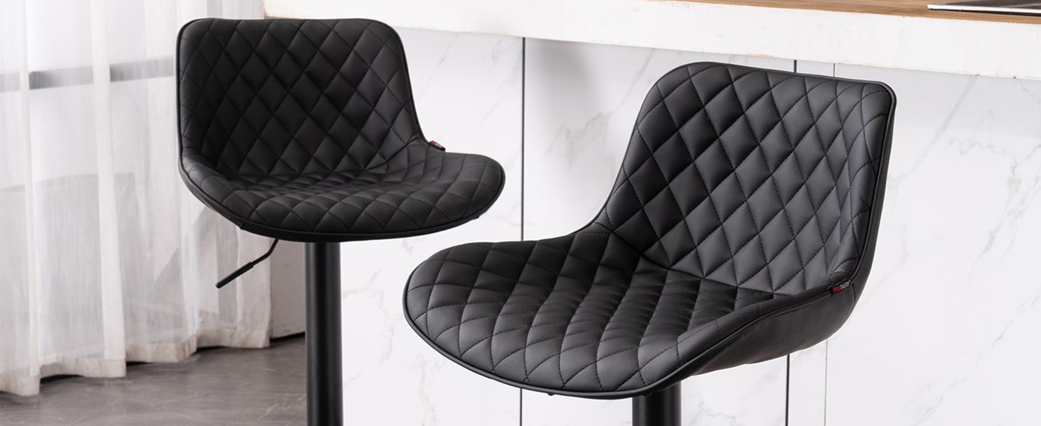 YOUTASTE Adjustable Bar Stools - Modern Design, Padded, Swivel, Faux Leather, Black - Set of 2