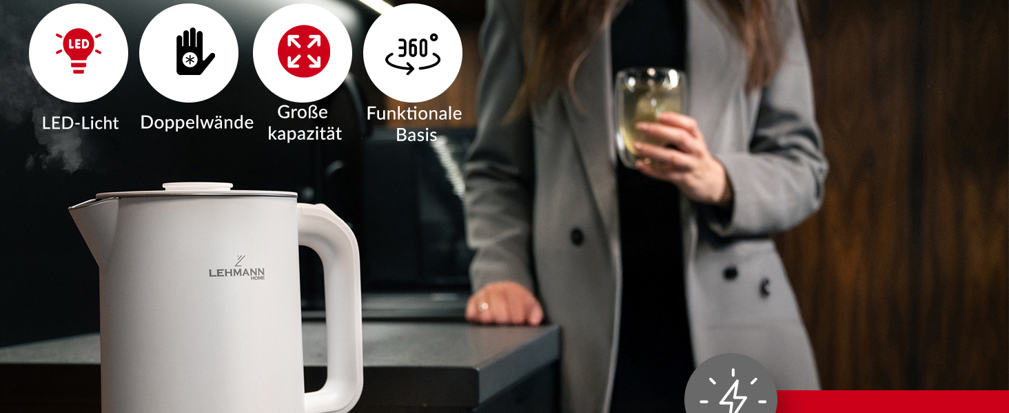 Електричний чайник LEHMANN з нержавіючої сталі 1.7L, 2200W, швидкий нагрів, подвійні стінки, автовимкнення та захист від перегріву, BPA-free, для дитячого харчування, чаю та кави (білий)