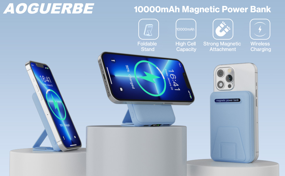 Power Bank AOGUERBE 10000mAh з LED дисплеєм та магнітною зарядкою PD 22.5W для iPhone (MagSafe) - білий/блакитний