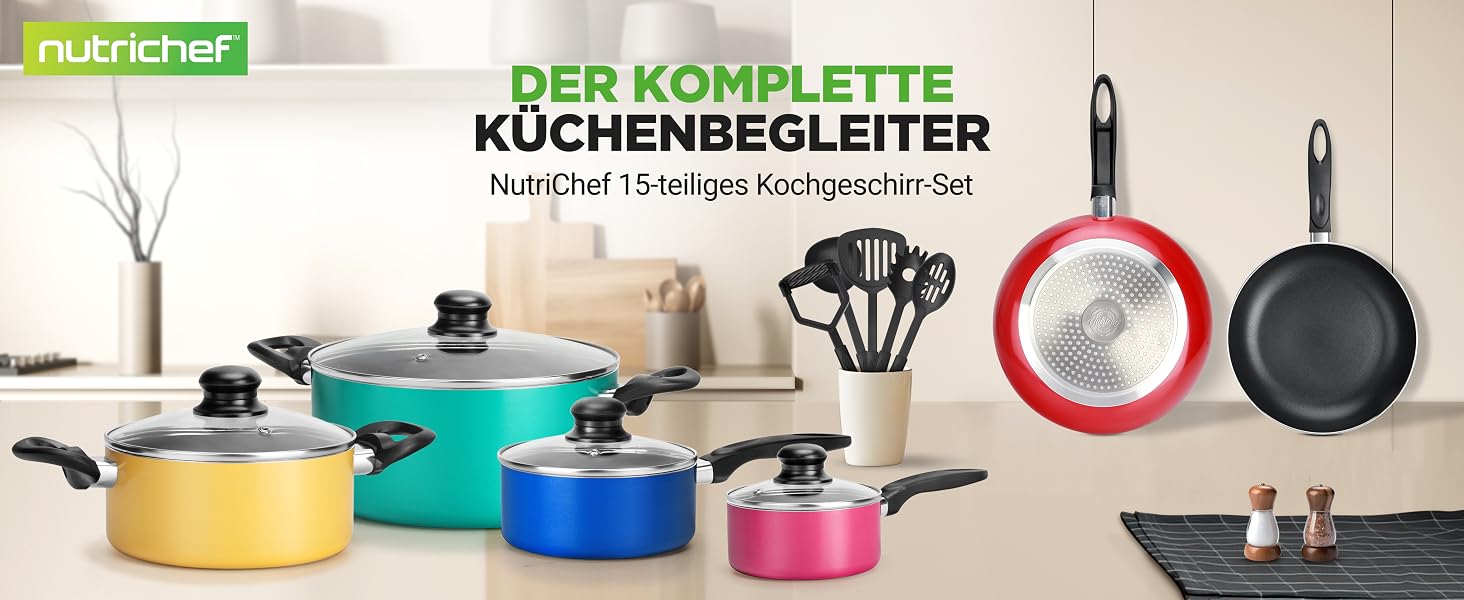 Набір посуду NutriChef 15 предметів: каструлі та сковорідки з антипригарним покриттям для всіх типів плит (включаючи індукцію), без PFOA/PFOS, придатний для посудомийки, кольоровий