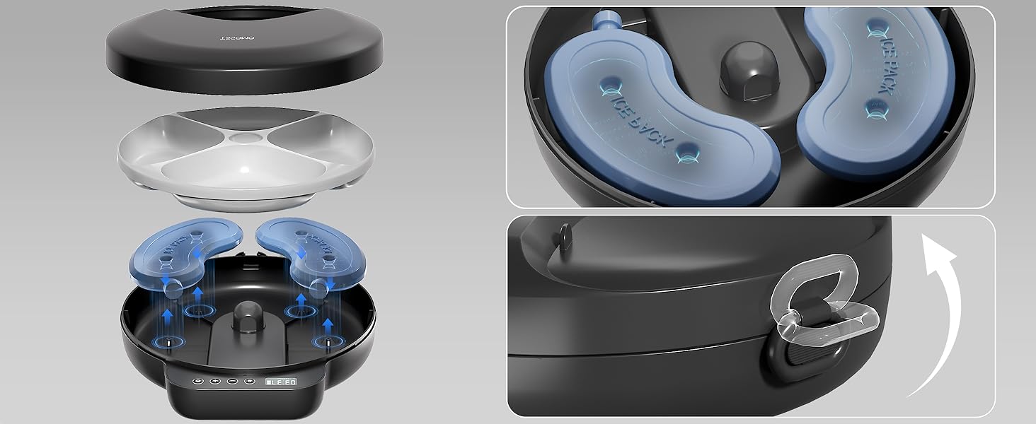 Автоматичний дозатор корму для котів та собак, 8oz*4 порції, з таймером, акумуляторний, з блокуванням, 2 охолоджуючі акумулятори (Чорний)