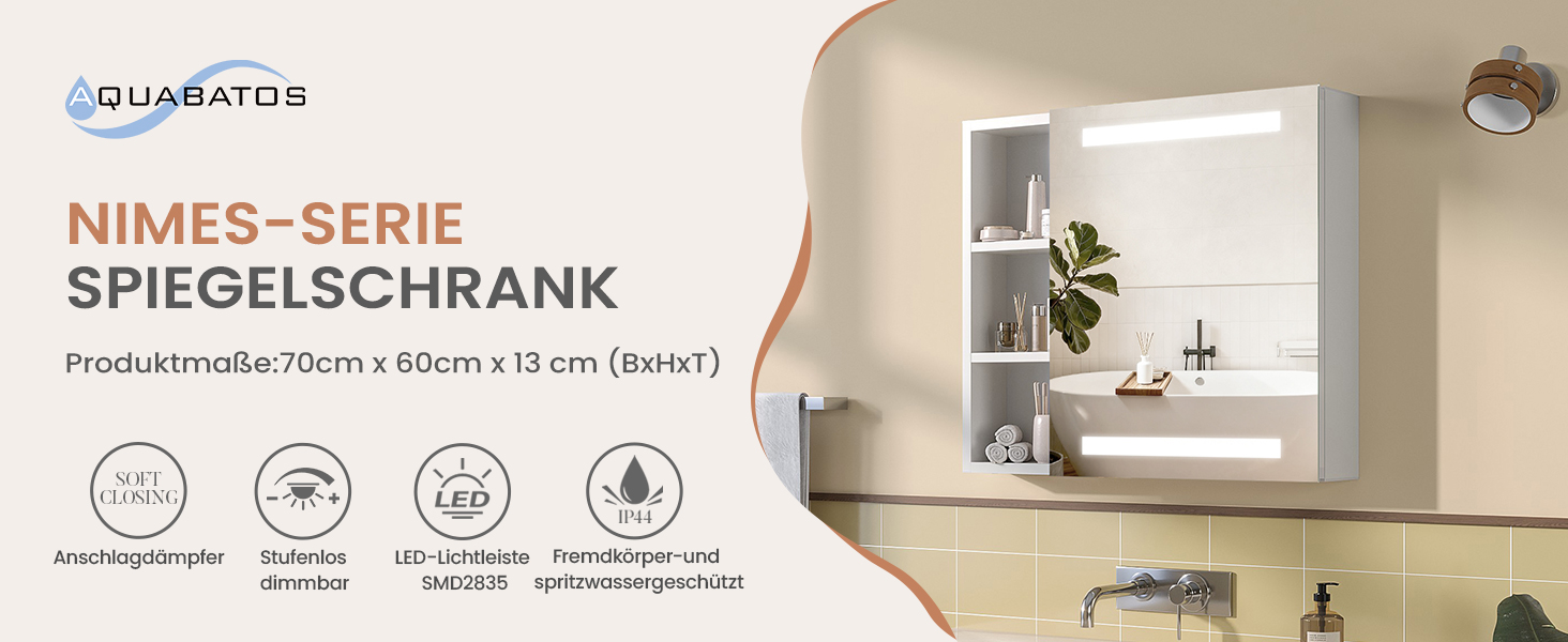 Дзеркальна шафа для ванної кімнати AQUABATOS з розеткою та підсвічуванням LED, 50x70 см, шафа для ванної кімнати, дзеркало з інфрачервовим сенсором, регулювання яскравості, антизапарювання, холодне біле світло