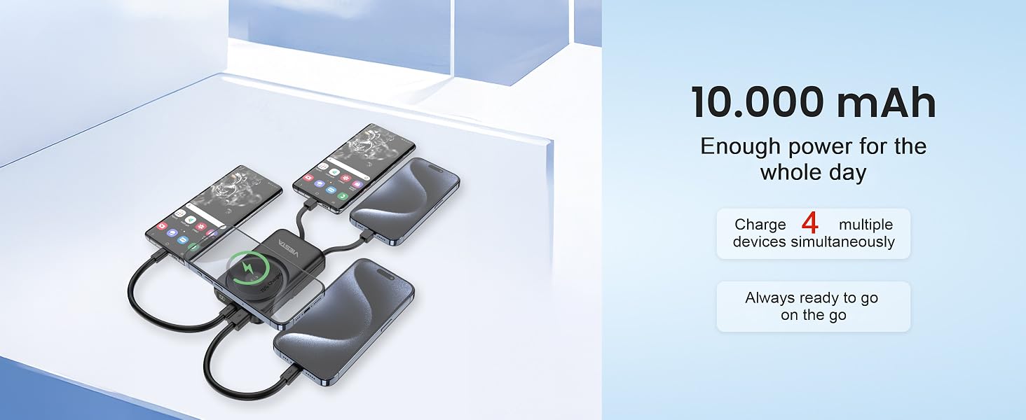 Універсальний Power Bank All-IN-ONE 10000 mAh чорний: швидка зарядка 22.5W, PD 20W, бездротова зарядка 15W, зарядний пристрій для Apple Watch, вбудовані кабелі USB-C та Lightning, LED-дисплей, алюмінієва підставка