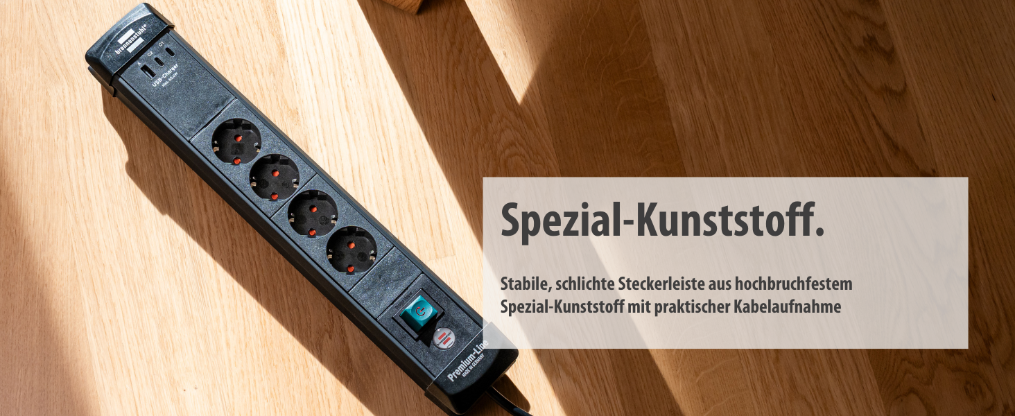 Бренненштуль Premium-Line Розподільник розеток 4-портовий з 2x USB-C PD 65W та USB-A 18W (Made in Germany), з вимикачем та кабелем 3м, для настінного монтажу, чорний