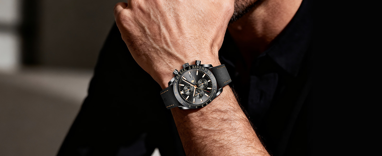 Годинник чоловічий BENYAR Chronograph з аналоговим кварцовим механізмом, шкіряний ремінець, стильний дизайн для бізнесу та спорту, водонепроникність 30M, елегантний подарунок для чоловіків (чорний ремінець/рожево-золотий корпус/чорний циферблат)