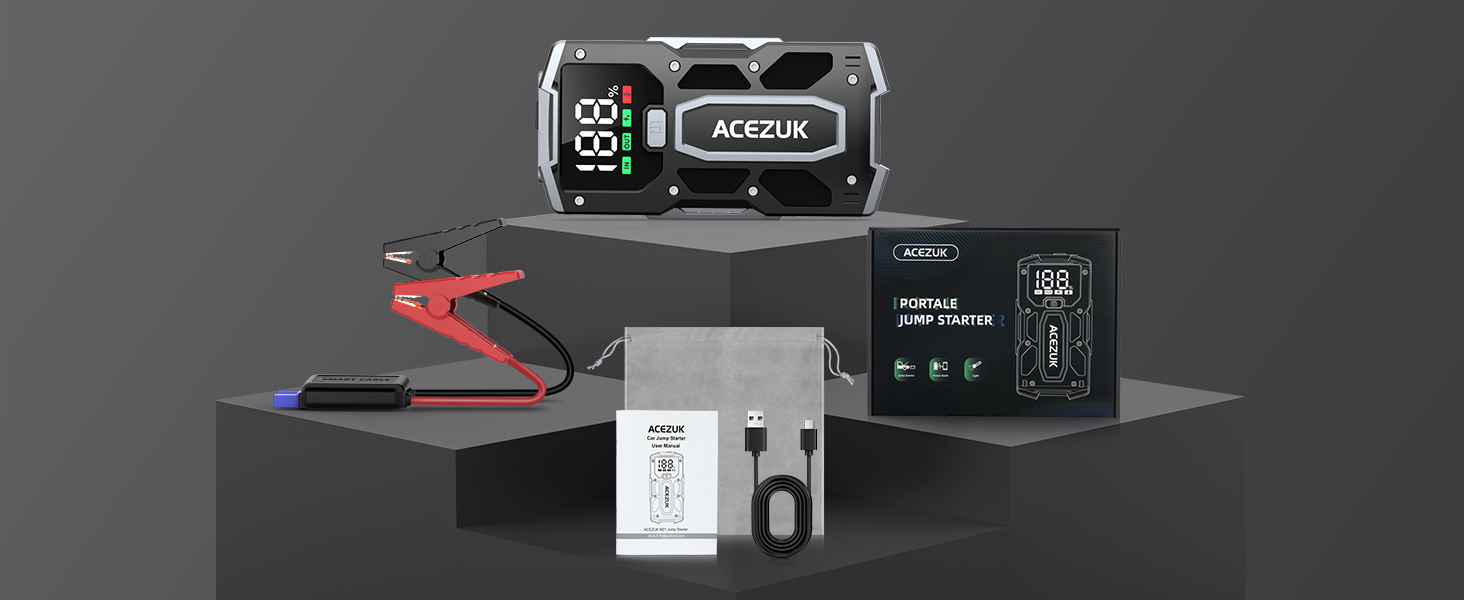 Портативний зарядний пристрій Starthilfe Powerbank 6000A для авто: запуск двигуна, LED-ліхтарик, великий екран, чорний M01