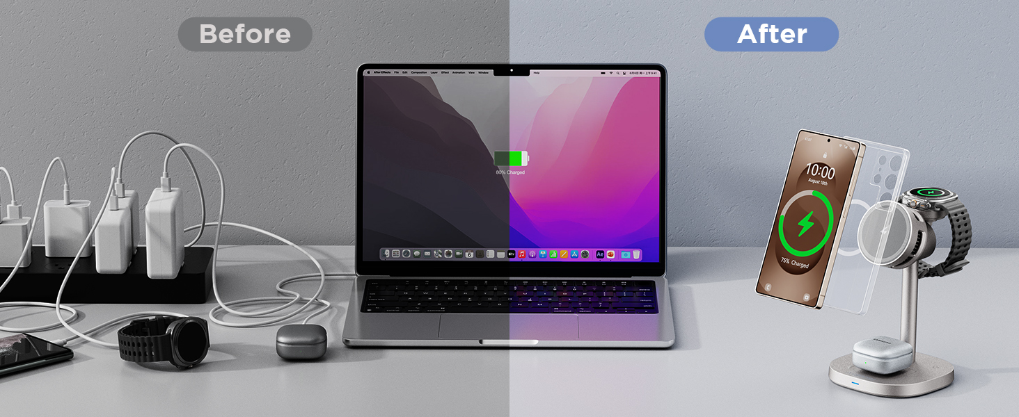 Бездротовий зарядний пристрій 3-в-1 Samsung 15W з охолодженням TEC, MagSafe для Galaxy S26 Ultra/S25/S24/Z Fold 7/Flip7, Watch Ultra/8/7, Buds4pro (Титан Золото)