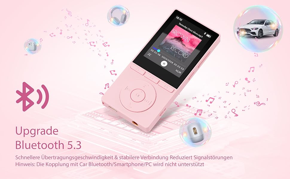 MP3 плеєр 64GB Bluetooth 5.3 з динаміком, HiFi звук, запис голосу, E-book, рожевий. Підтримка TF карти 128GB для спорту