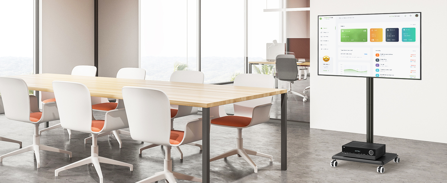 Мобільна підставка для телевізора з поличкою 27-60 дюймів, чорна. Регульована висота, поворотний механізм, VESA 400x400, до 40 кг