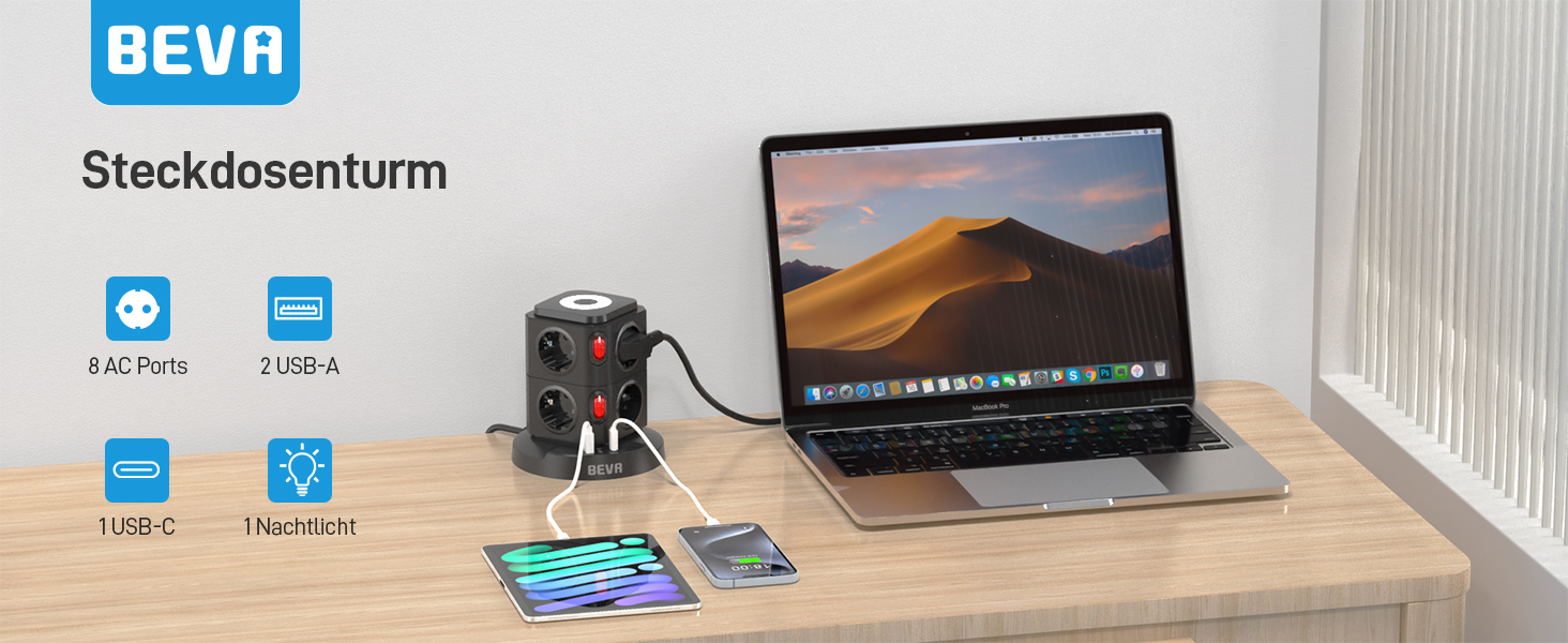 Мережевий фільтр BEVA на 8 розеток з USB-C та USB-A, LED-підсвіткою, 2 окремими вимикачами та захистом від перенапруги, кабель 2м, 2500Вт, чорний