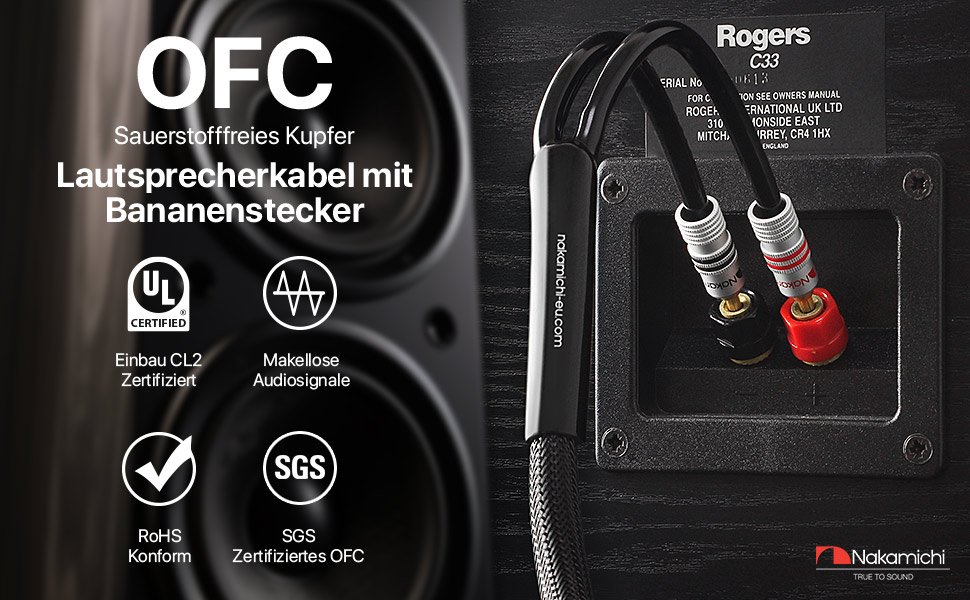 Акустичний кабель Nakamichi 14AWG з позолоченими банановими роз'ємами 24K, 3м, безкиснева мідь (OFC) в обплетенні, чорний